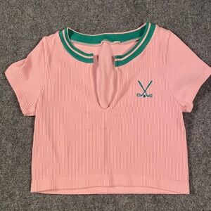 Pink Ribbed cropped golf embroidered tee Shirt with Green Trim size S‎